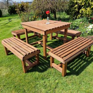Contemporary Chunky Wooden Large Garden Dining Table And Bench Set - Seats 8