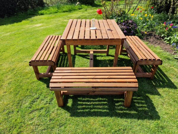 Contemporary Chunky Wooden Large Garden Dining Table And Bench Set - Seats 8 - Image 3