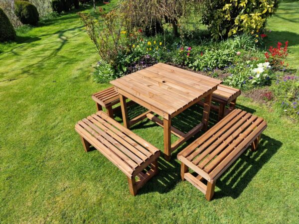Contemporary Chunky Wooden Large Garden Dining Table And Bench Set - Seats 8 - Image 4