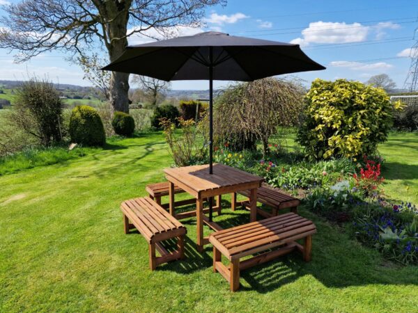Contemporary Chunky Wooden Large Garden Dining Table And Bench Set - Seats 8 - Image 5