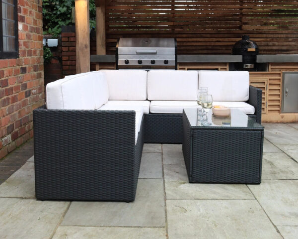 Berlin Black Rattan Corner Garden Lounge Set - 3 Seater & 2 Seater Sofa & Armless Chair - Image 3