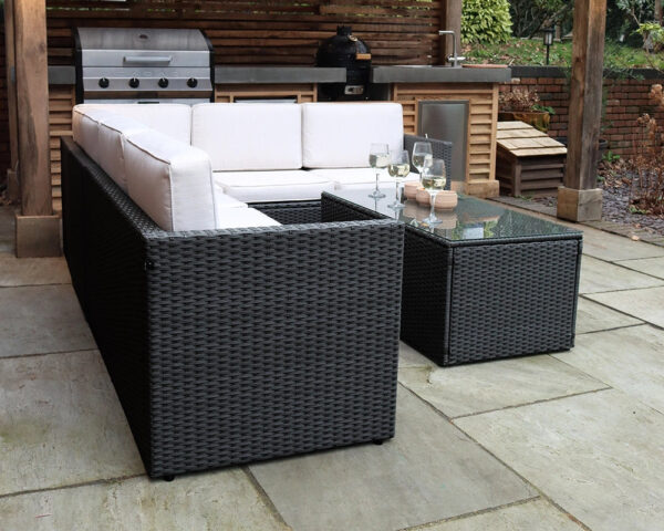 Berlin Black Rattan Corner Garden Lounge Set - 3 Seater & 2 Seater Sofa & Armless Chair - Image 5