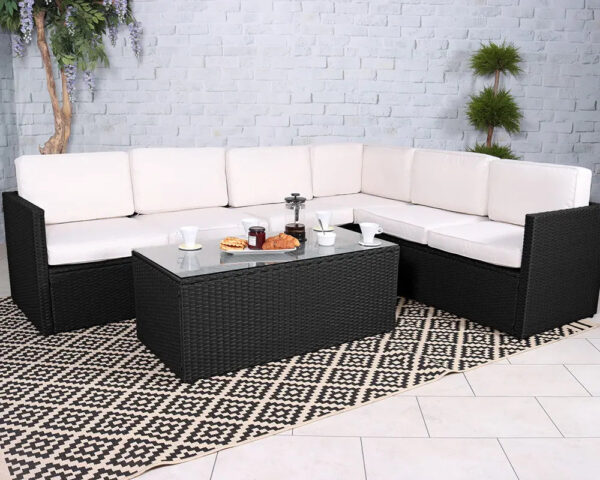 Berlin Black Rattan Corner Garden Lounge Set - 3 Seater & 2 Seater Sofa & Armless Chair - Image 4