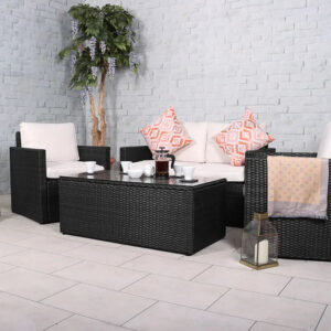 Berlin Black Rattan Garden Lounge Set -  2 Seater Sofa, 2 Armchairs & Table