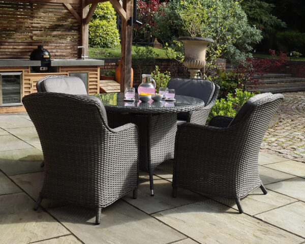 Paris 4 Seater Rattan Imperial Garden Dining Set with 110cm Round Glass Top Table - Grey - Image 4
