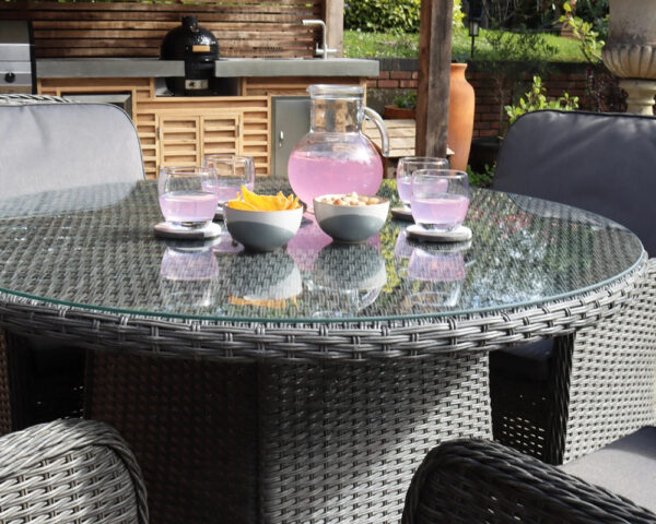 Paris 4 Seater Rattan Imperial Garden Dining Set with 110cm Round Glass Top Table - Grey - Image 3