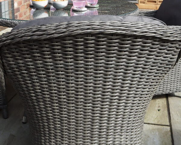 Paris 4 Seater Rattan Imperial Garden Dining Set with 110cm Round Glass Top Table - Grey - Image 5