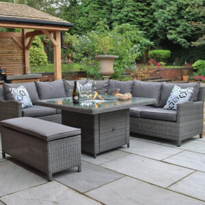 Paris Rattan Modular Corner Lounge Dining Set with Gas Fire Pit Table (120cm)