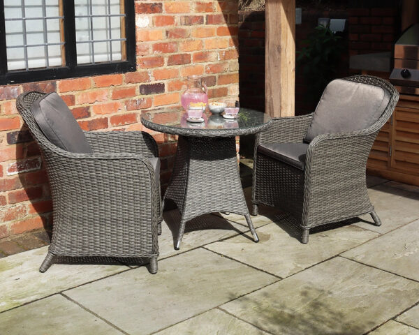 Paris 2 Seater Rattan Imperial Garden Bistro Set with 75cm Glass Top Table - Grey - Image 6
