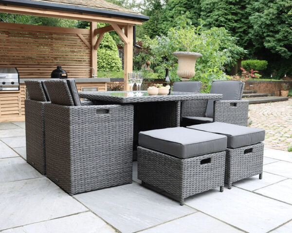 Paris 8 Seater Rattan Garden Dining Cube Set with Square Table, 4 Cube Chairs & 4 Integral Stools - Image 3