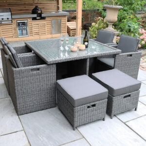 Paris 8 Seater Rattan Garden Dining Cube Set with Square Table, 4 Cube Chairs & 4 Integral Stools