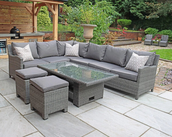 Paris Rattan Modular Corner Lounge Dining Set with Adjustable Height Table - Grey - Image 4