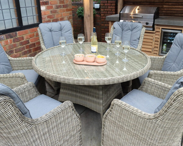 Wentworth Rattan Highback Comfort Round Garden Dining Set with 6 Chairs & Cushions - Image 3