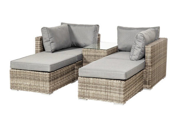 Wentworth Rattan Multi Setting Relaxer Garden Lounge Set - 2 x Ottoman Seats, Side Table & Cushions - Image 6