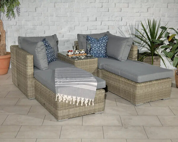 Wentworth Rattan Multi Setting Relaxer Garden Lounge Set - 2 x Ottoman Seats, Side Table & Cushions - Image 5